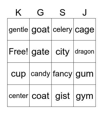 Hard C and G / Soft C and G Bingo Card