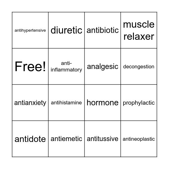 Drug Classifications Bingo Card