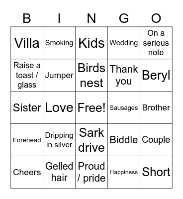Brother of the Bride Bingo Card