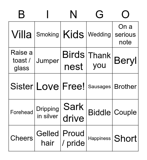 Brother of the Bride Bingo Card