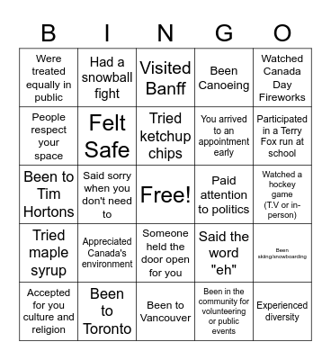 Canadian Bingo Card