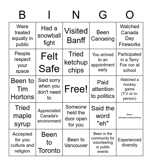 Canadian Bingo Card