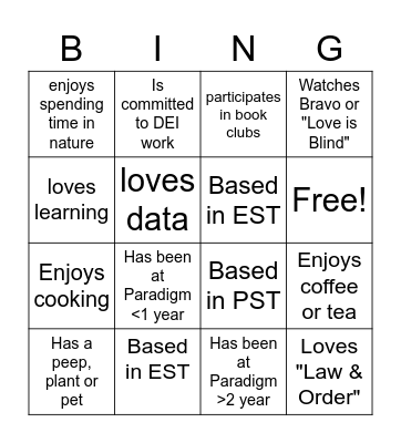 Paradigm Bingo Card