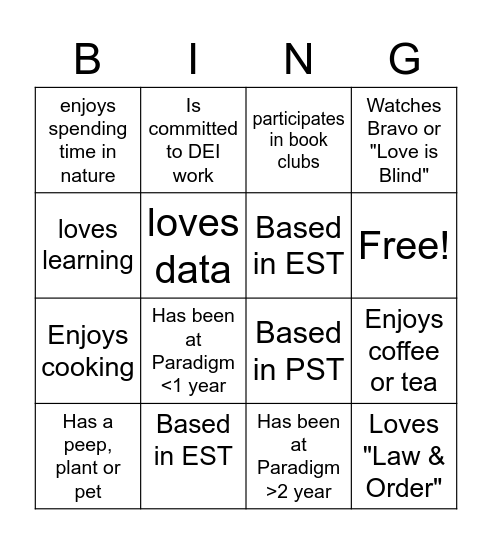 Paradigm Bingo Card
