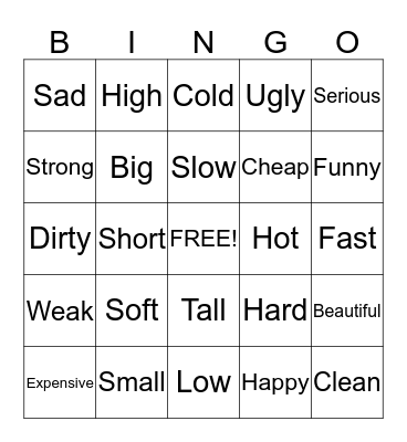 Adjectives Bingo Card