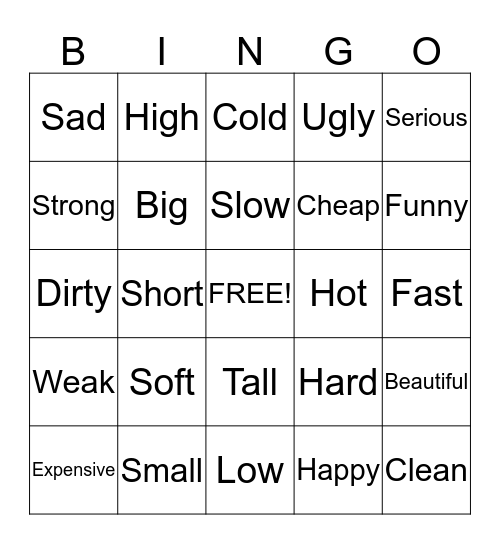 Adjectives Bingo Card
