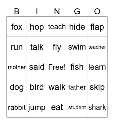 Nouns & Verbs Bingo Card