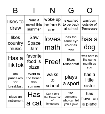 Back to School Bingo Card