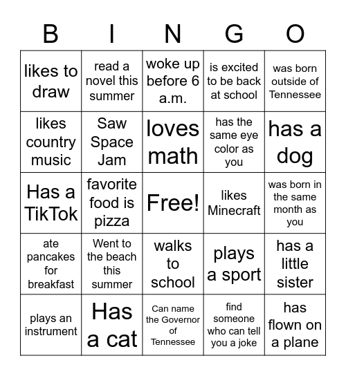 Back to School Bingo Card