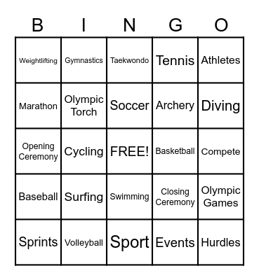 Olympics Bingo Card