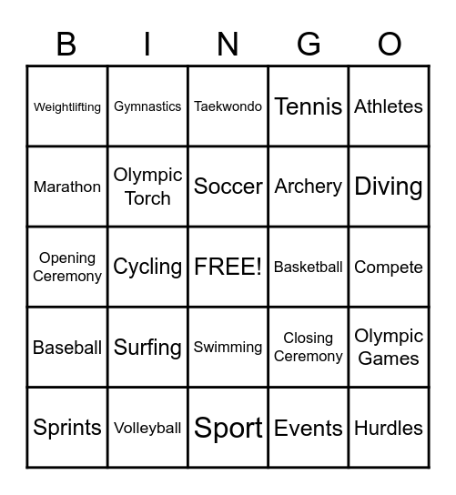 Olympics Bingo Card