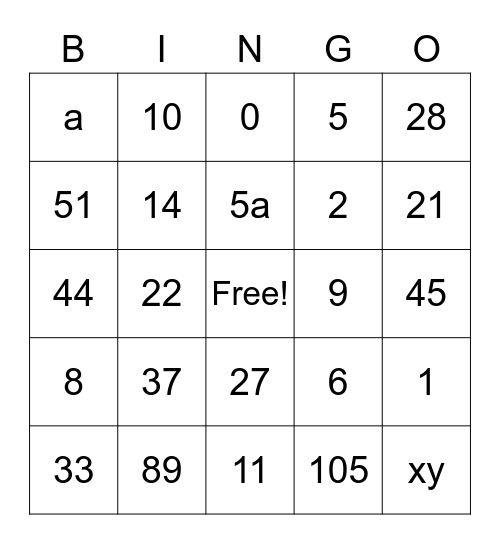 Algebra Bingo Card