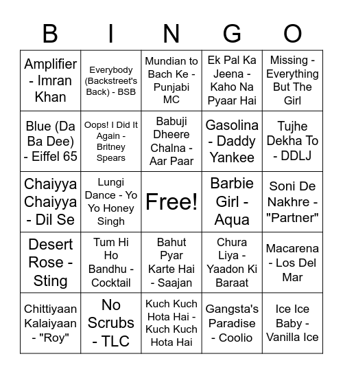 Bollywood/Hollywood Bingo Card