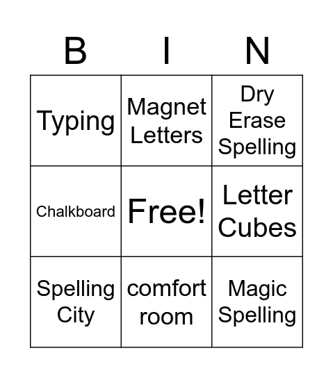 Spelling Bingo Card