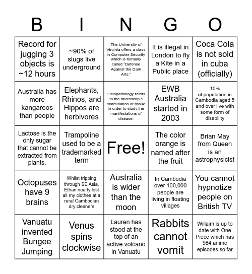 Fun Facts Bingo Card