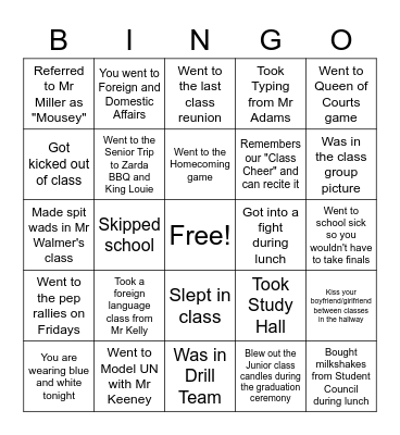 Reunion Bingo Card
