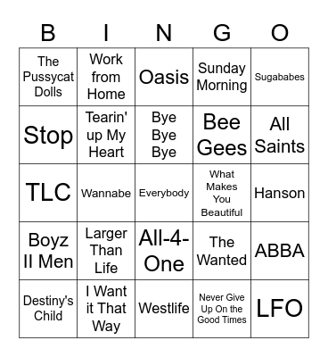 Boybands vs Girlbands Bingo Card