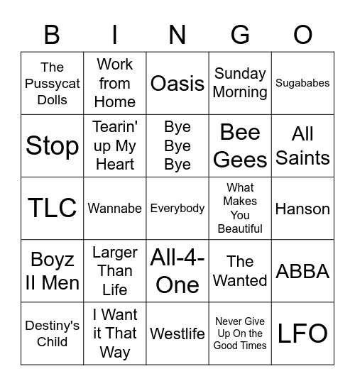 Boybands vs Girlbands Bingo Card