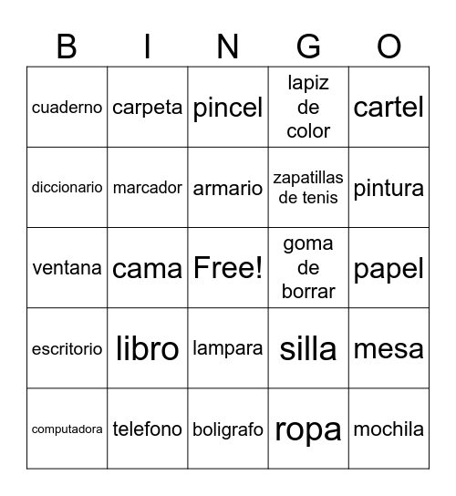 Articulos de la casa y la escuela Bingo Card