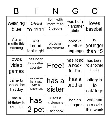 First Day Bingo Card