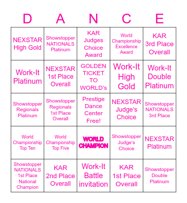 National Dance Champion’s Bingo Card