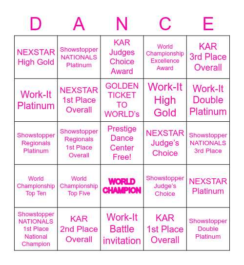 National Dance Champion’s Bingo Card