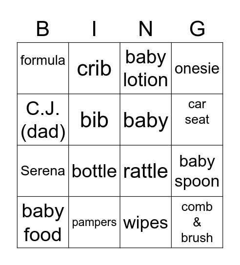 Baby Jones Bingo Card