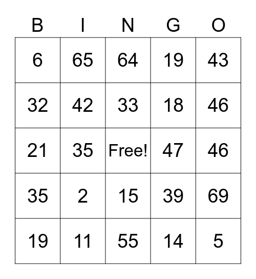 0-69 Bingo Card