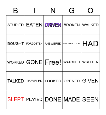 PAST PARTICIPLE OF REGULAR AND IRREGULAR VERBS Bingo Card