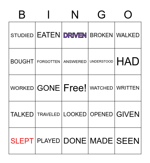 PAST PARTICIPLE OF REGULAR AND IRREGULAR VERBS Bingo Card
