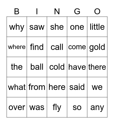 Extension Sight Words Bingo Card