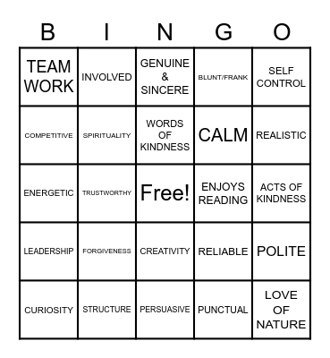 Personal Strenghths Bingo Card