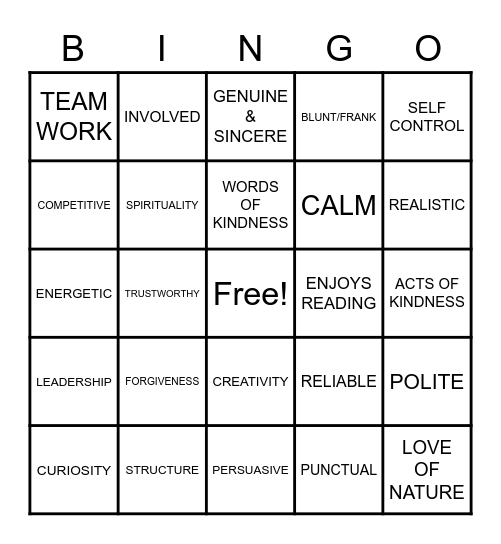 Personal Strenghths Bingo Card
