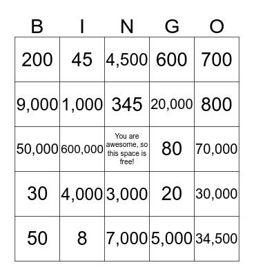 Place Value Bingo Card