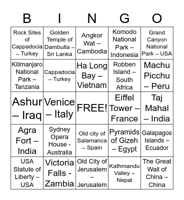 World Heritage Sites Bingo Card