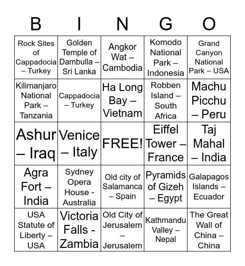 World Heritage Sites Bingo Card