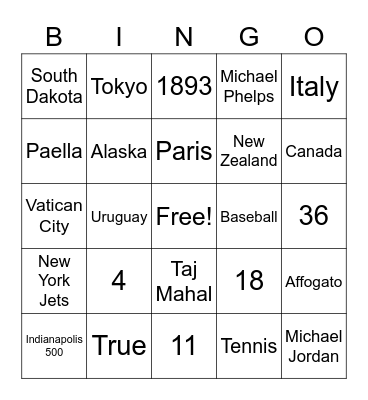 Travel/Sports Bingo Card