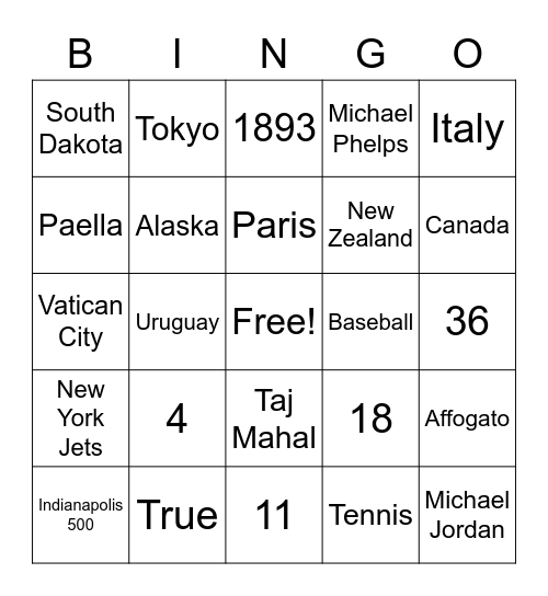 Travel/Sports Bingo Card