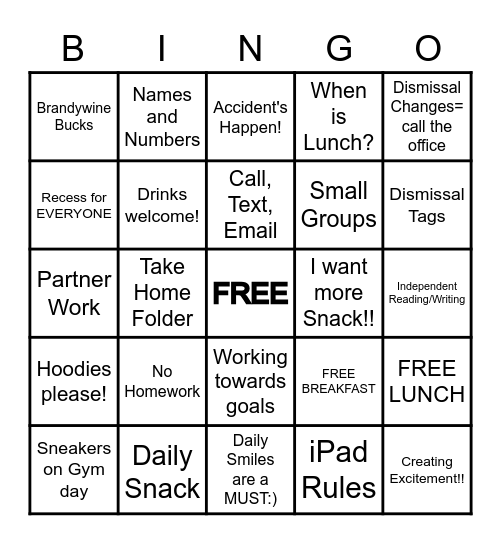 Mrs. Novakovich's Back to School BINGO Card