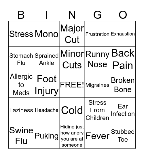 Diseases, Ails and Sickness You've Had This Year Bingo Card