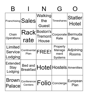 Lodging Test Review Bingo Card