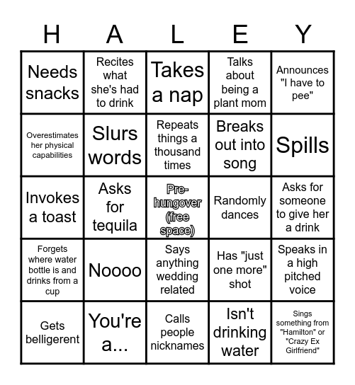 Drunk Haley Bingo Card