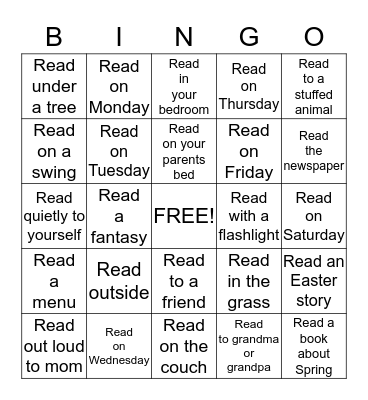 Reading Bingo April - 15 minutes for each box Bingo Card