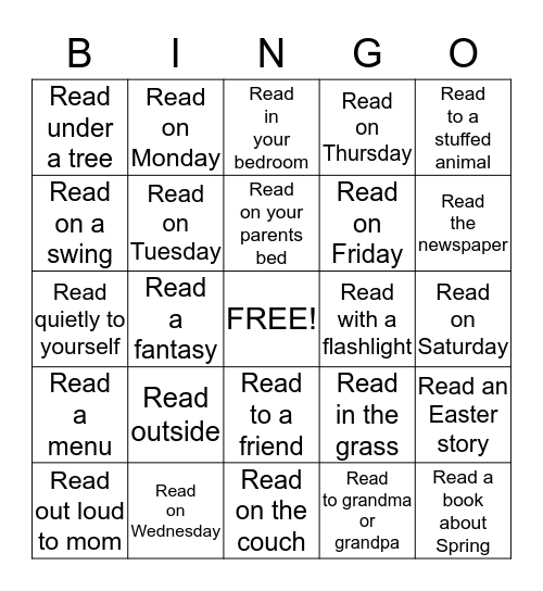 Reading Bingo April - 15 minutes for each box Bingo Card