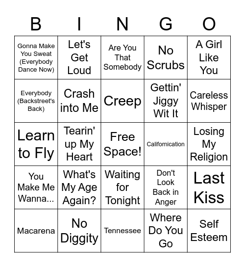 Stuck In The 90s Music Bingo Card