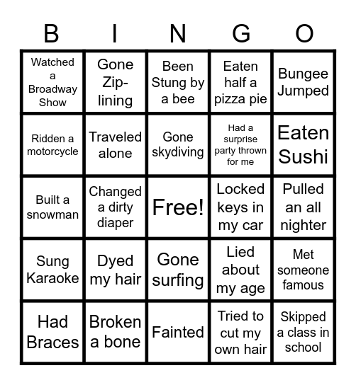 "Never Have You Ever" Bingo Card