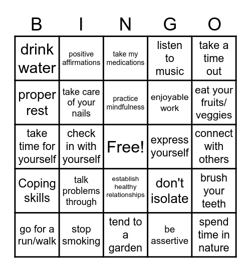Mental Health Wellness Bingo Card