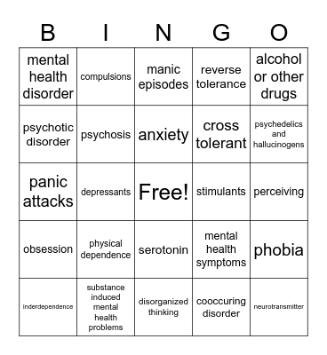 Substance Abuse/Mental Health Education Bingo Card