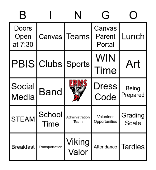 6th Grade Viking Venture Bingo Card