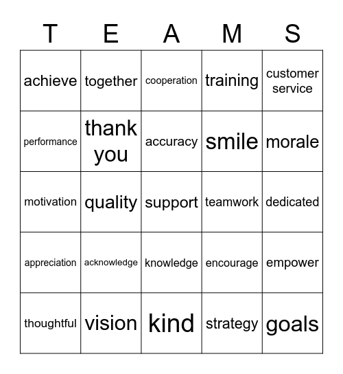 Team Work Bingo Card